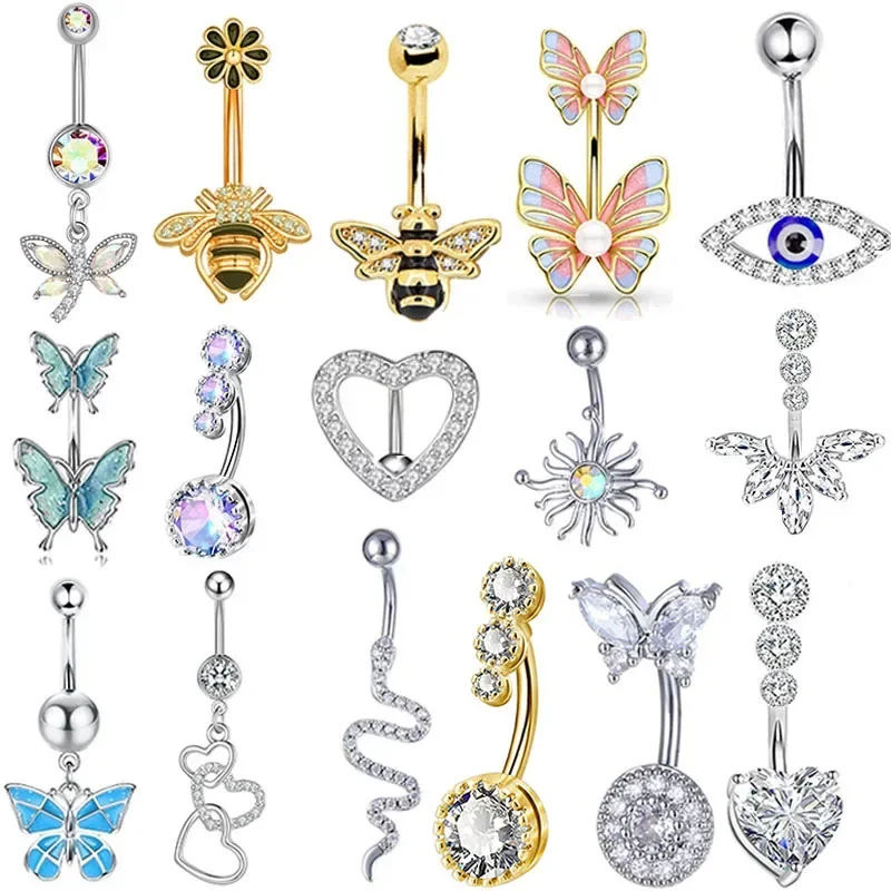 Dainsty Dangled Belly Button Rings acciaio chirurgico 14G Bar Piercing all'ombelico anello Crystal CZ Bee Flower Heart Belly Ring Ear Jewelry