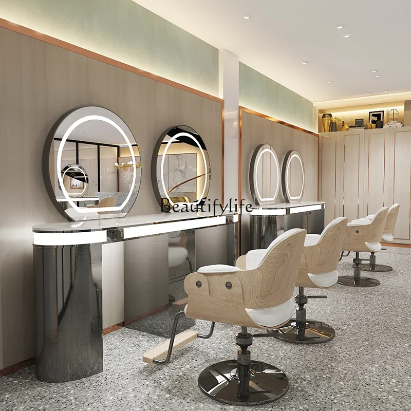 06Barber Shop Cabinet Integrated Dressing Table Hair Salon Special Hair Cutting and Perming Mirror with Light