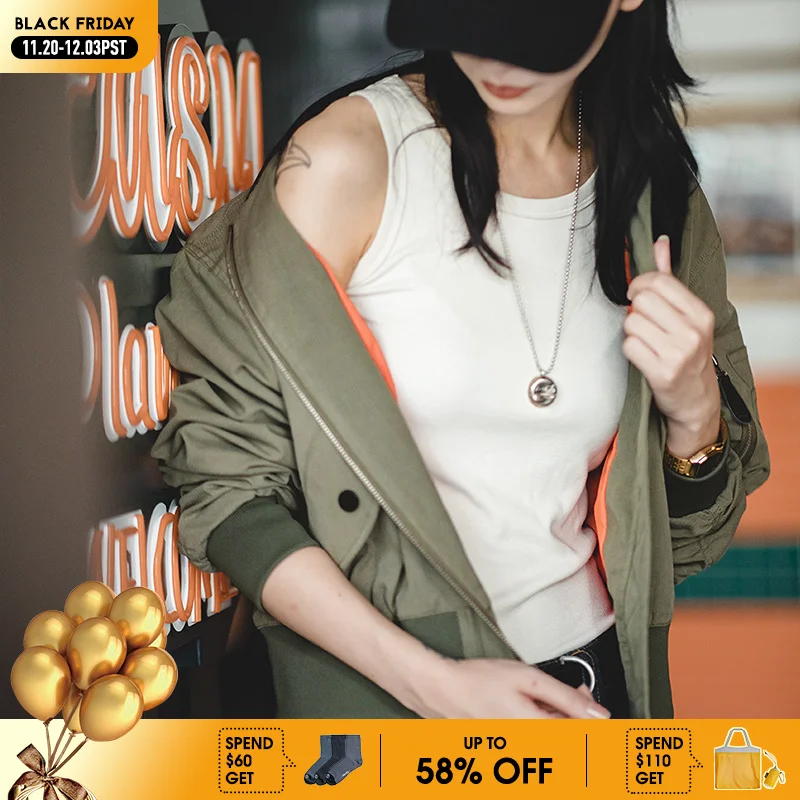 

Maden Vintage MA-1 Bomber Jacket Women's Green Short Baseball Coat Pockets Zip-Up Casual Outerwear for Spring Streetwear Jacket