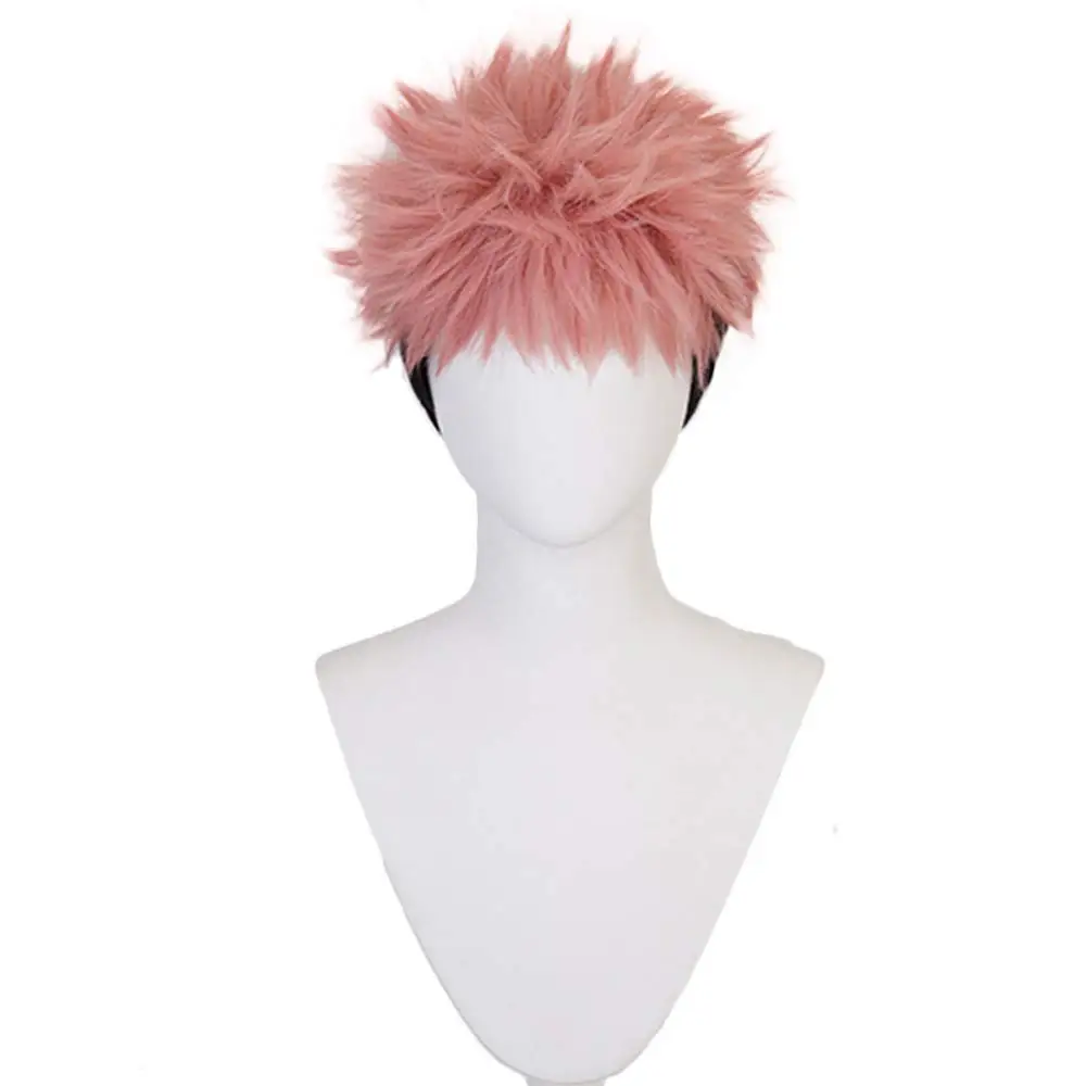 Shancon Anime Yuji Itadori Wig Pink Mixed Black Short Curly Party Hair Halloween Cosplay Props Accessory for adult