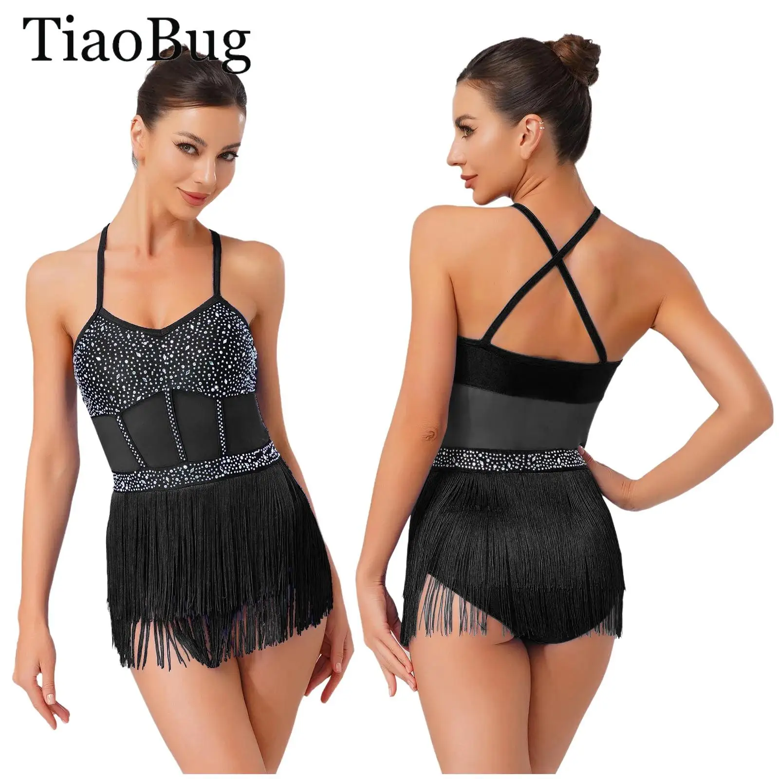 

Women Tassel Latin Dance Leotard Dress Sheer Mesh One Piece Fringe Bodysuit Rhinestone Skating Cha Cha Samba Tango Dance Costume