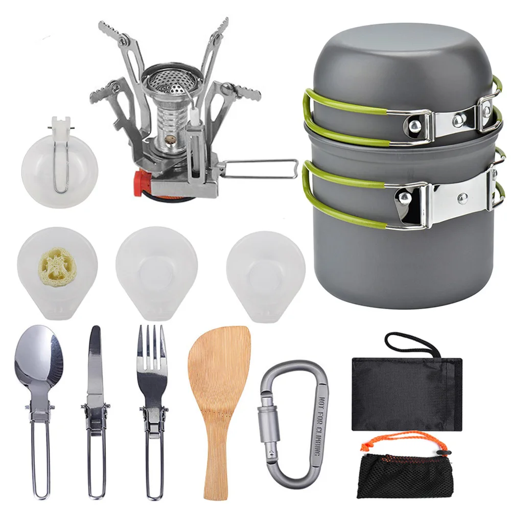 

Camping Cookware Set Portable Outdoor Pot Mini Gas Stove Sets Aluminum Picnic Cooking With Foldable Spoon Fork Knife 2-3 People