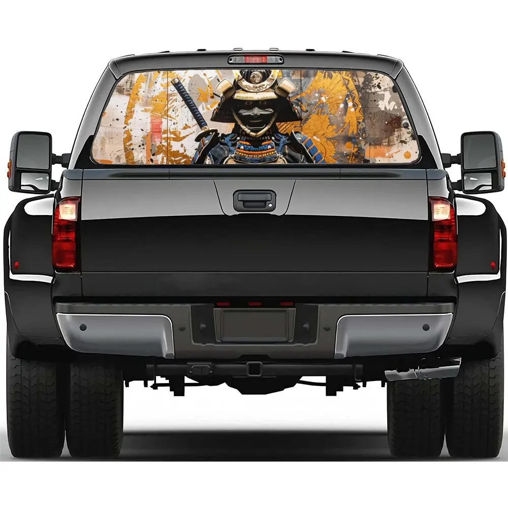 

Gold Samurai Mask Print Car Rear Windshield Sticker Truck Window See Through Perforated Back Window Vinyl Decal Decoration