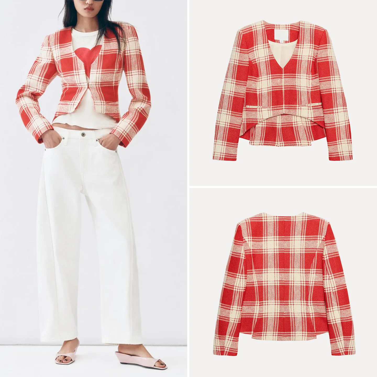 

Fashionable Plaid Slim Fit Long Sleeve V-Neck Summer Outerwear Women's Casual Style Standard Version Button Closure Short Coat