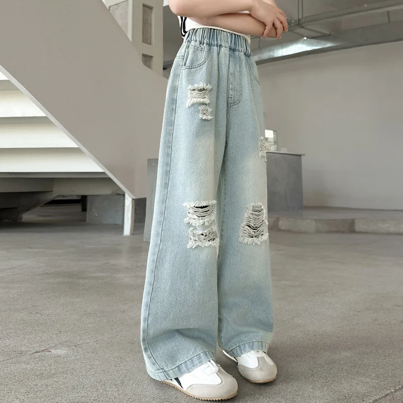 Brief Style Kids Girls Loose Straight Ripped Jeans with Holes For Teenager Child Casual Broken Light Blue Distressed Denim Pants