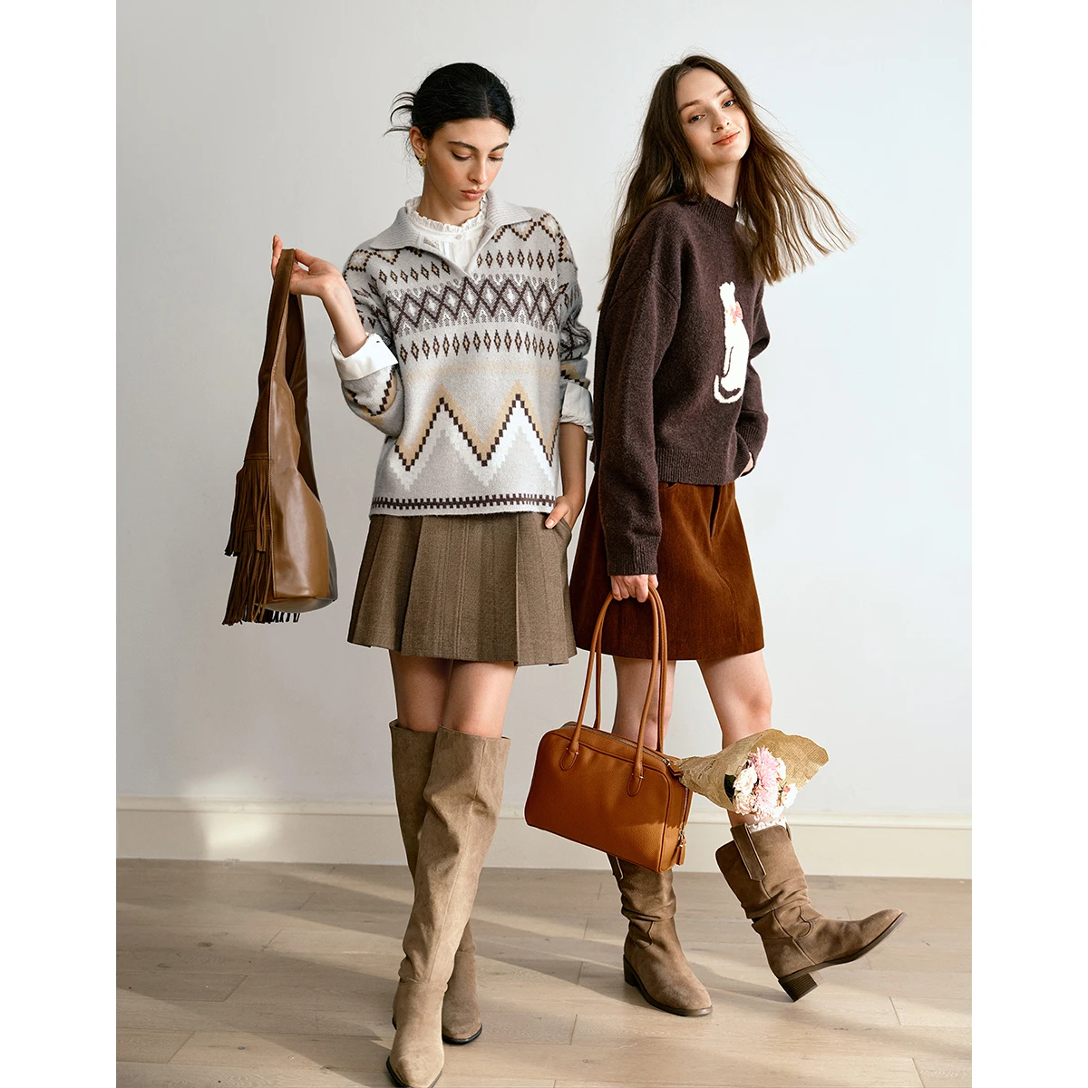 OLrain Women's Knitted Sweaters 2025 Autumn Turn-down Collar Long Sleeve Sweater Pullover Vintage Loose Female Tops O57QM000659
