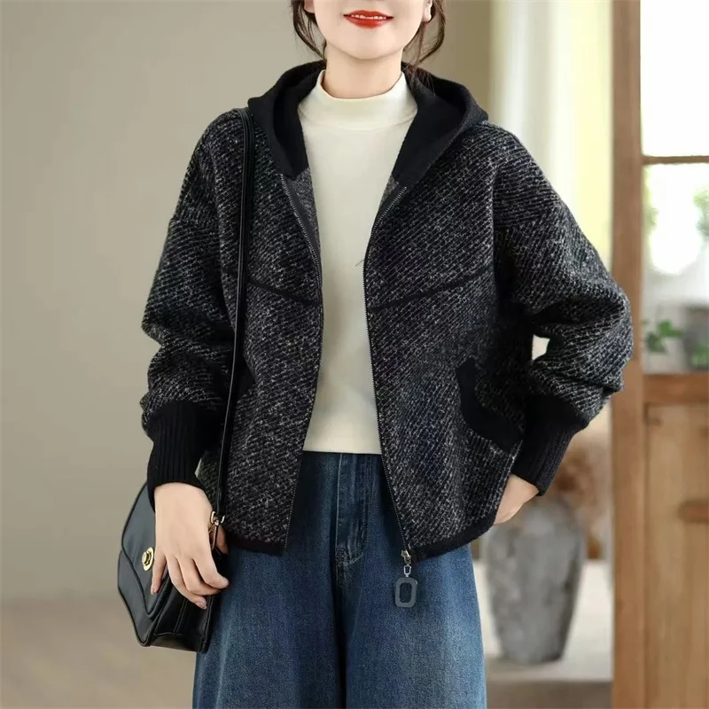 Snowflake Color Blocked Jacket for Women Autumn 2026 New Style Popular This Year Short and Versatile Zipper Hooded Top for Women