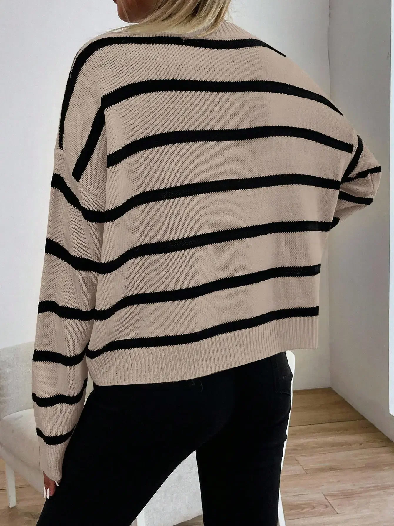 Classic Crewneck Striped Knitwear Neutral Chic Quiet Luxury Aesthetic Long Sleeve Soft Jumper Top Khaki Beige Black Horizontal Lines Ribbed Hem Dropped Shoulders Relaxed Daily Fit For Autumn Casual Outings Valentine Present