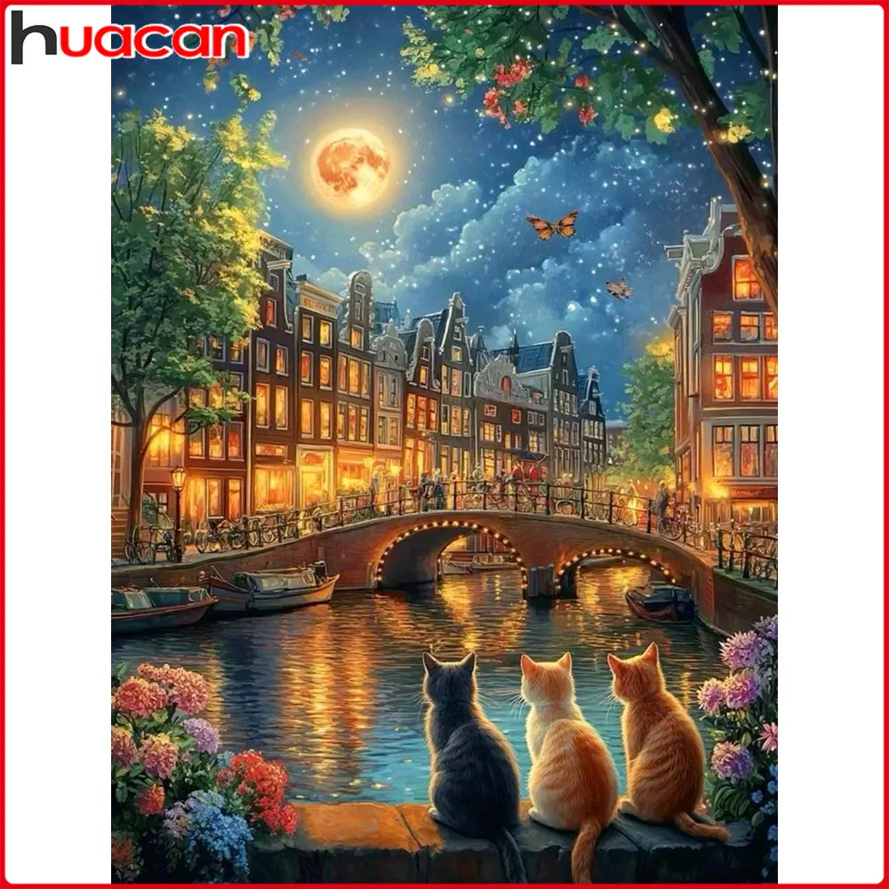 Huacan 5D-Diamantgemälde zum Selbermachen, Katze, Fluss, Mond, Diamant-Mosaik, Landschaft, komplettes Set, Wanddekoration