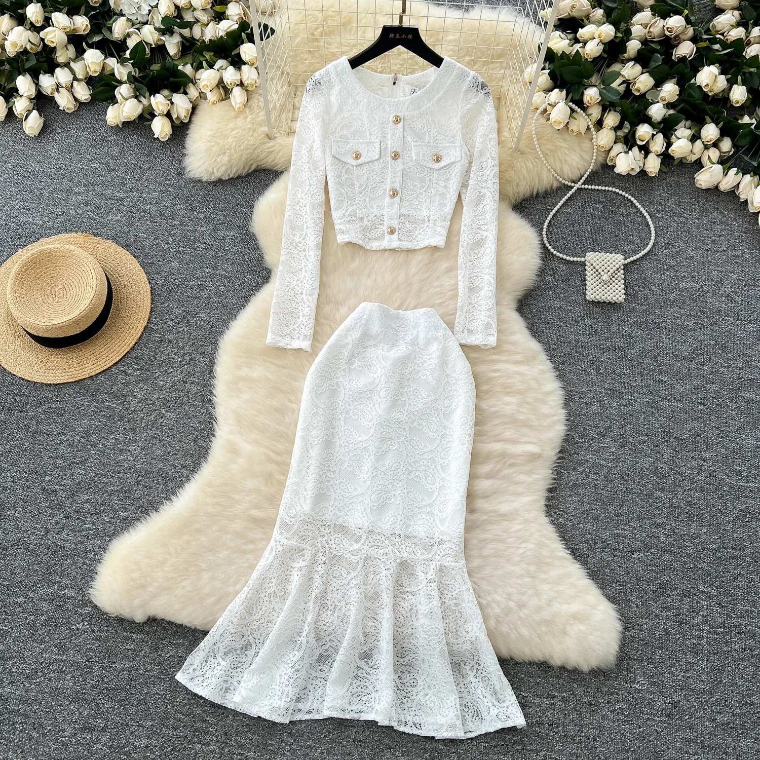 Basics Lace Women Two-Piece Sets Vintage Metal Buckle Top and High Waist Mermaid Skirt Korean High Street Autumn Winter Clothing