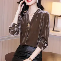 Gold Velvet Solid Women Bottom T-Shirts Autumn Korean Fashion Simple Office Lady Versatile Button Loose Long Sleeved V-neck Tops