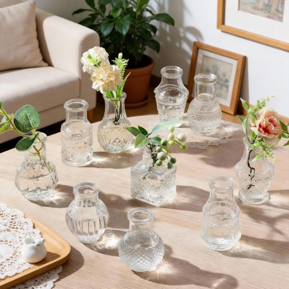10/20PCS/SET Retro Relief Mini Glass Vase Hydroponic Plant DIY Bud Vases European Style Wedding Home Party Desktop Decoration