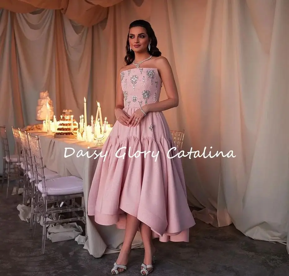 Gorgeous Prom Dresses Beads Crystal Sleeveless Pink Evening Dresses A-Line Formal New Design Saudi Arabia Wedding Party Gown