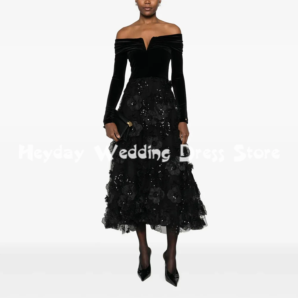 

Heyday Women's A Line Bateau 3D Flowers Applique Evening Dresses With Long Sleeves Tea-Length Formal Elegant Party Dresses 2025