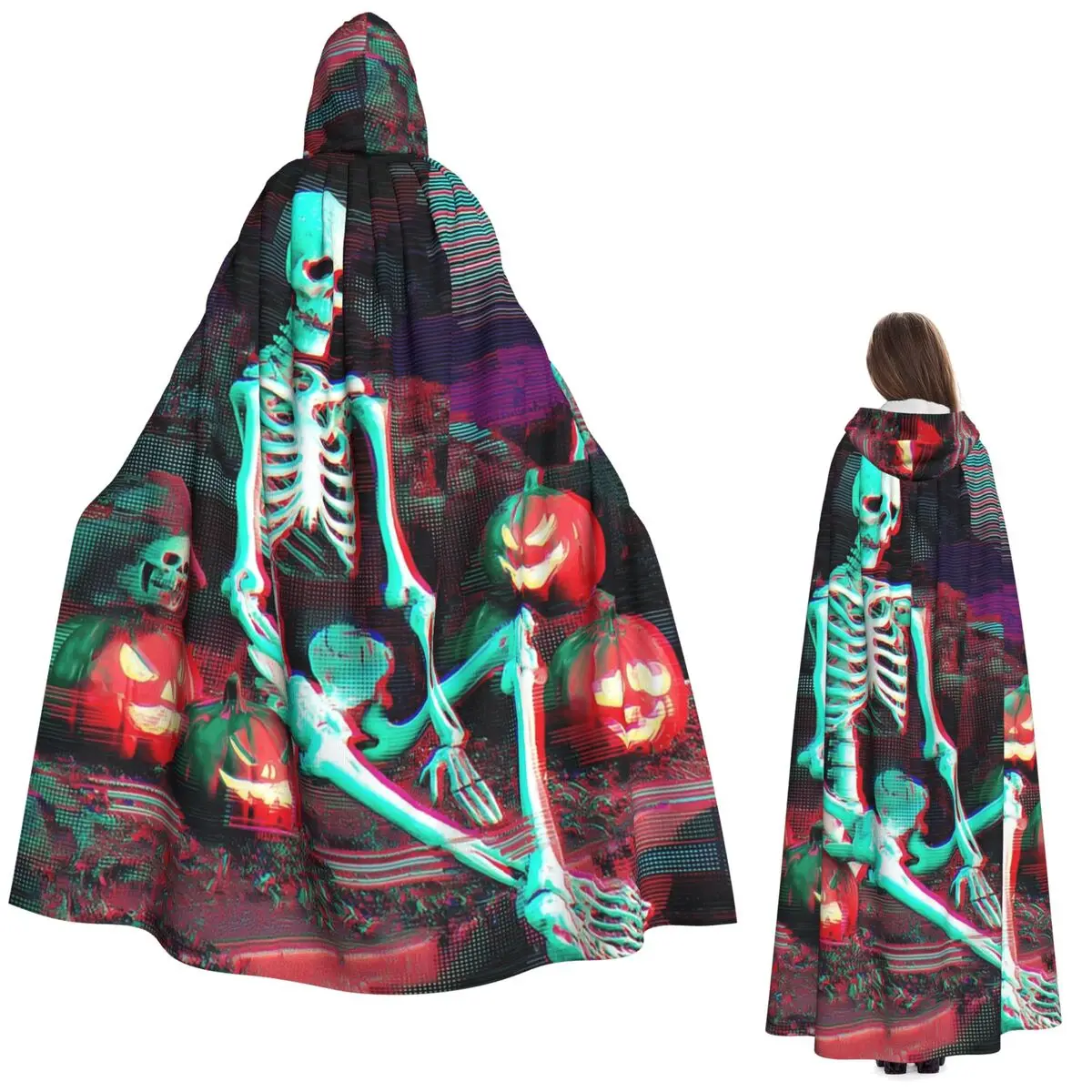 

Хэллоуин Скелет с фонариками Джека-о Glitch Art Desig Длинный плащ с капюшоном Ведьма Средневековый костюм Косплей Накидка Хэллоуин
