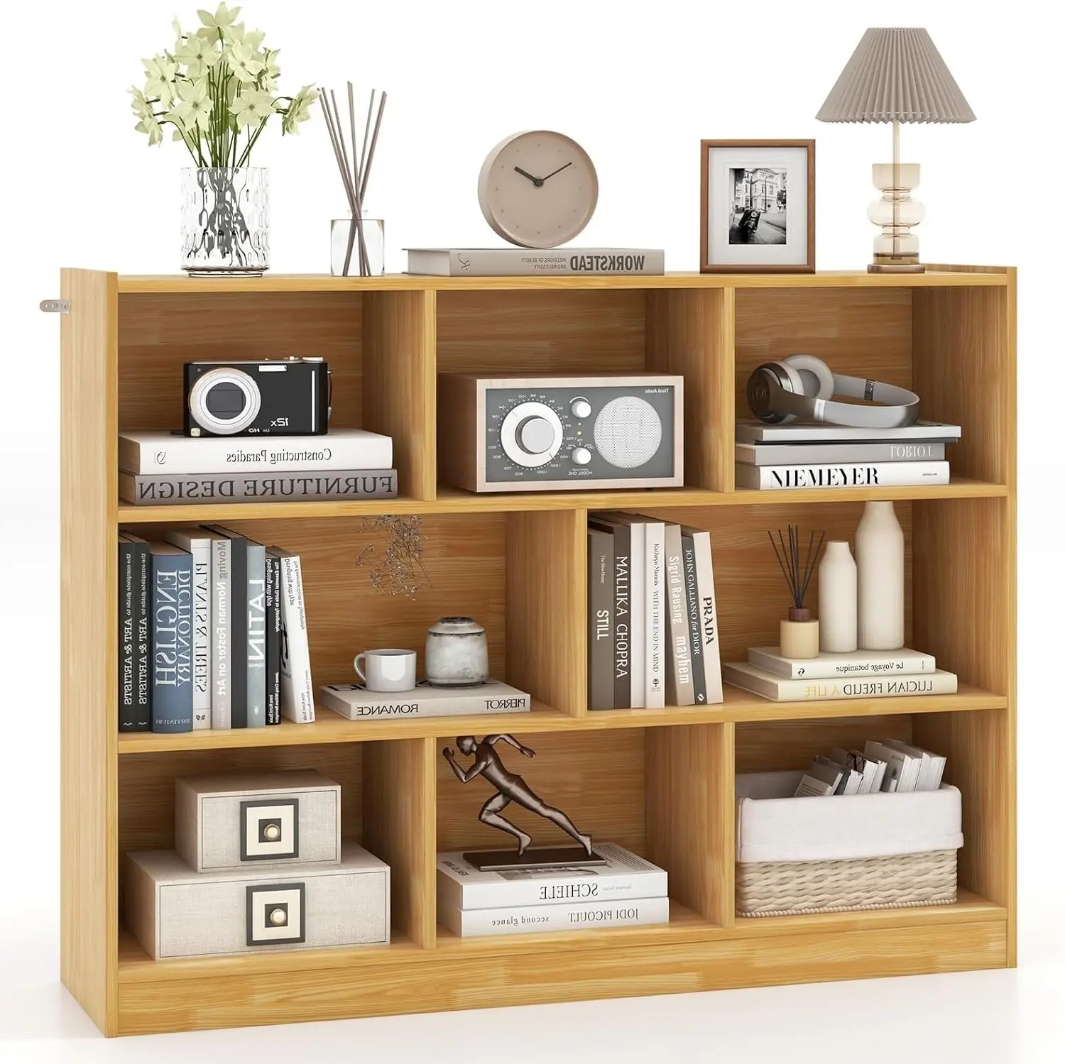 8 Cube Low Bookcase, 3 Shelf Horizontal Bookshelf, 3-Tier Storage Cabinet With Anti-Tipping Device, Modern Storage, Customized
