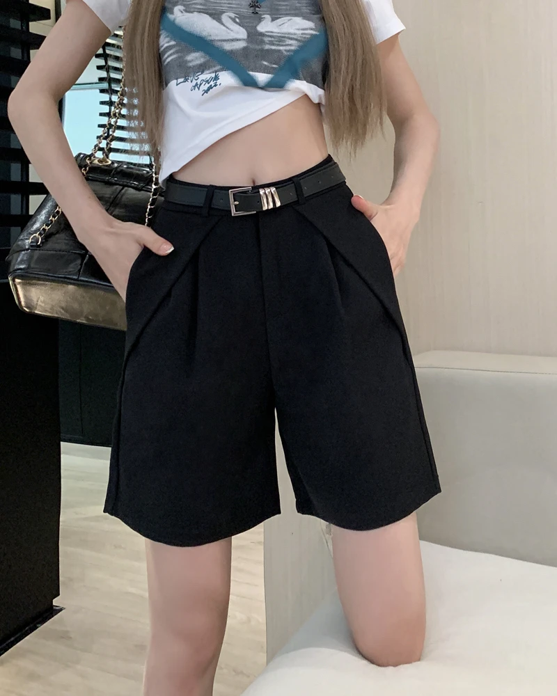 Casual Fashion Gray Suit Shorts Women Elastic Waist Thin Loose Straight Soft Versatile A-Line Quarter Pants