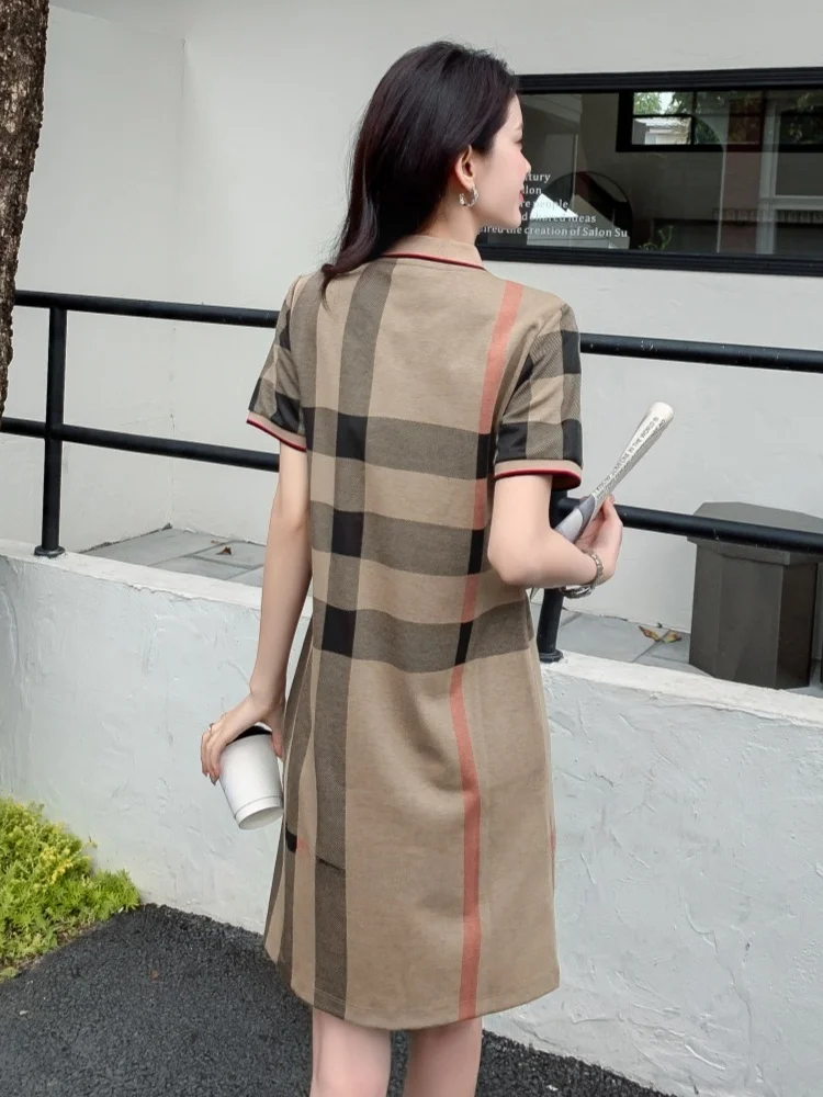 

Ele Mature Plaid Summer Dr Bet Briti Sle Commute Polyester Viscose A-Line Midi Dr Single Button Collar