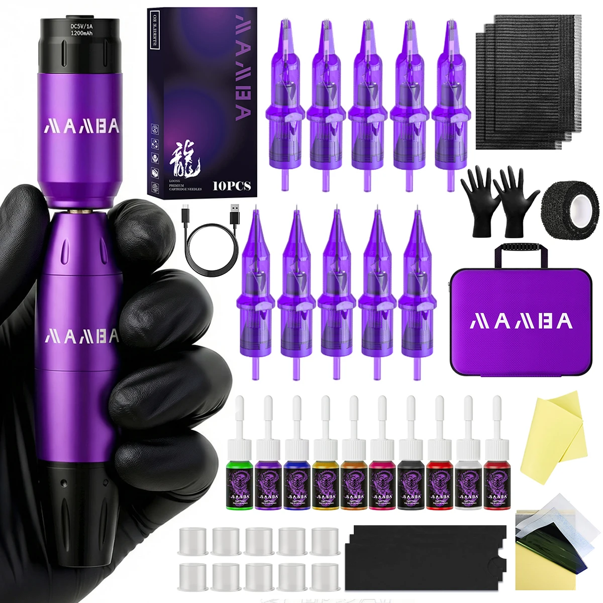 MAMBA Wireless Tattoo Machine Kit Professional Tattoo Pen 1200mAh Battery With Tattoo Needle Tattoo Ink Permanent Makeup Tool
