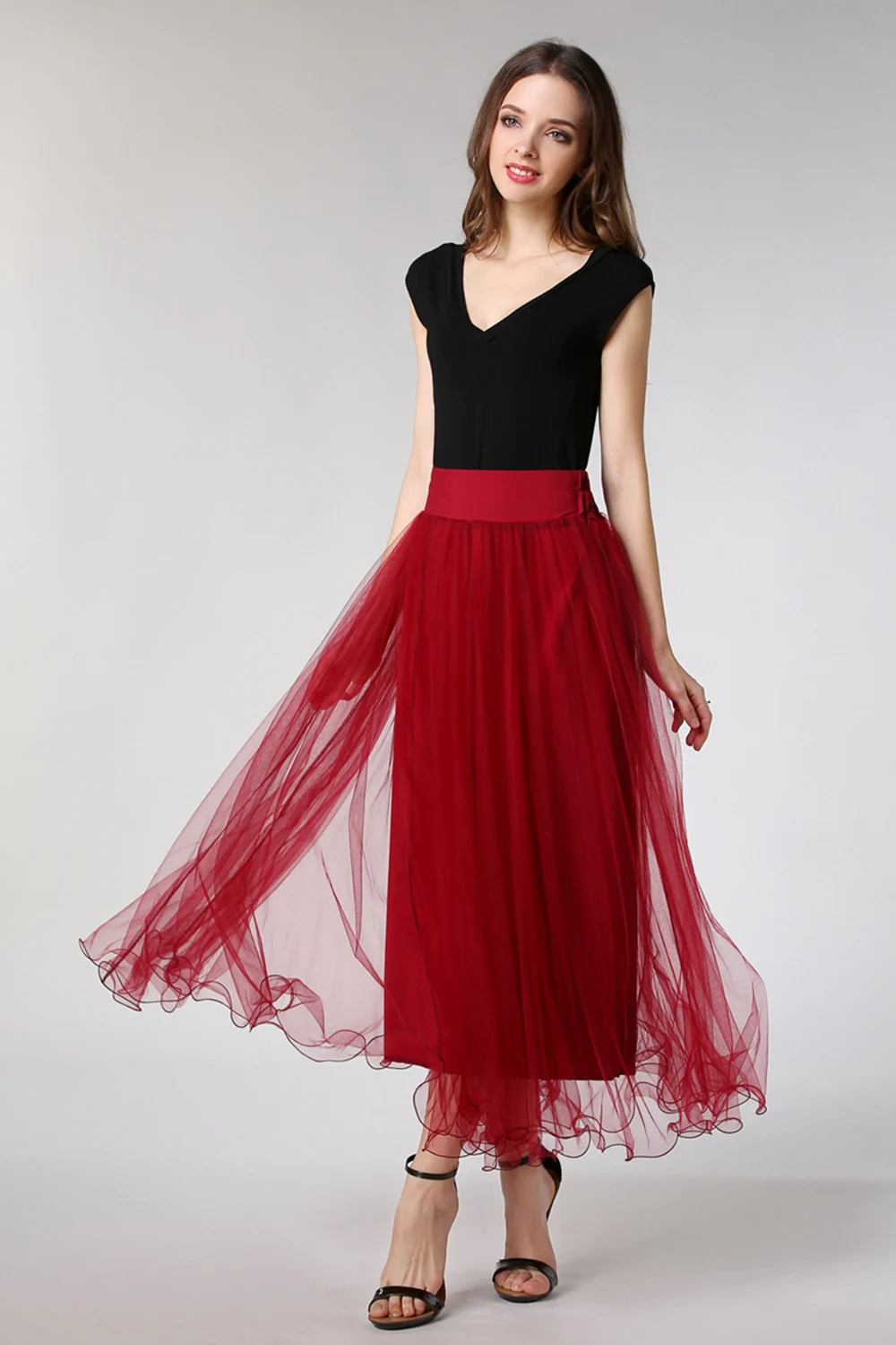 Burgundy Half Skirts For Women Maxi Long Tulle Big Swing High Waist Tutu Skirt Elastic Waistline Ankle-Length Waltz Dance Skirts