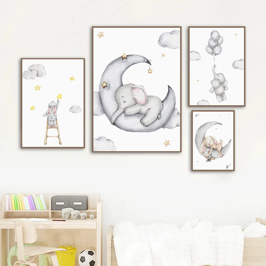 Watercolor Cute Animal Canvas Wall Art Poster Elephant Rabbit Bear Moon Hot Air Balloon Heart Cloud Print Nursery Home Decor
