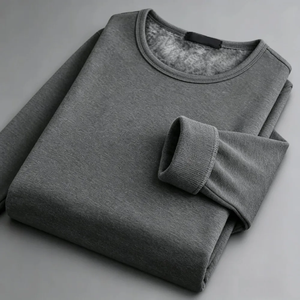 Winter Men's Long-sleeved Thermal Underwer T-Shirt Fleece Bottoming Shirt Round Neck Shirt Fashion Plus Velvet Padded T-shirt