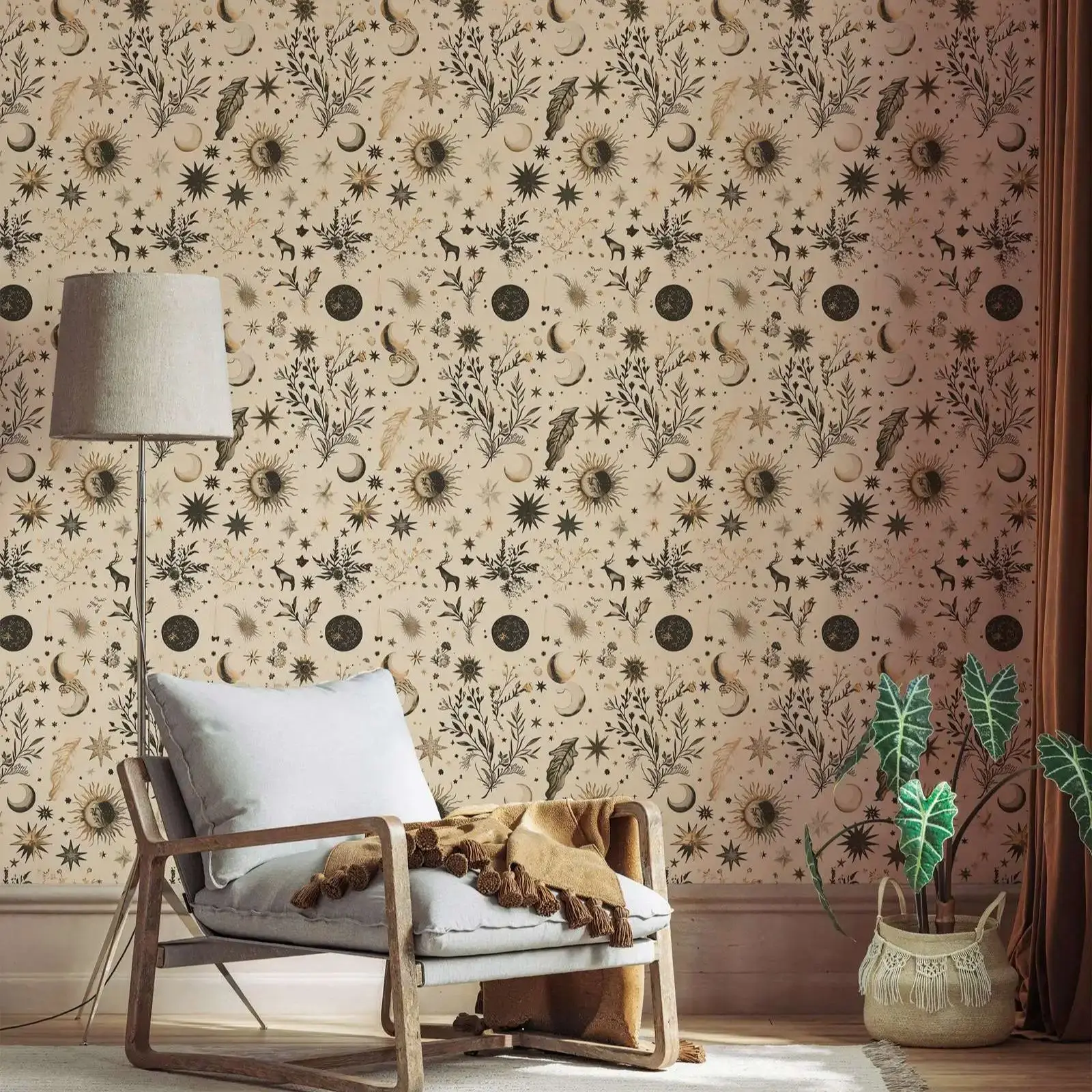 Beige Moon and Stars Wallpaper, Starry Sun and Night Peel and Stick Wallpaper, Botanical and Floral Removable Wallpaper,50*300cm