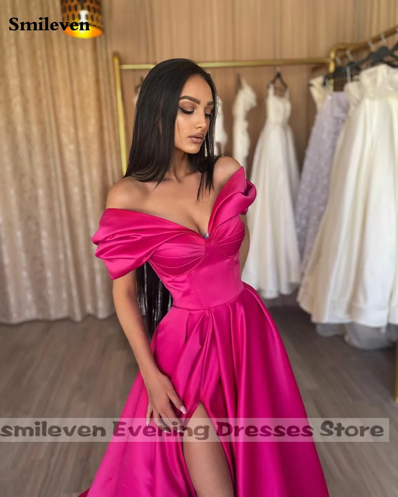 Smileven Hot Pink Formal Evening Dress Satin Off The Shoulder Side Split New Celebrity Party Gowns Floor Length Prom Dress 2022