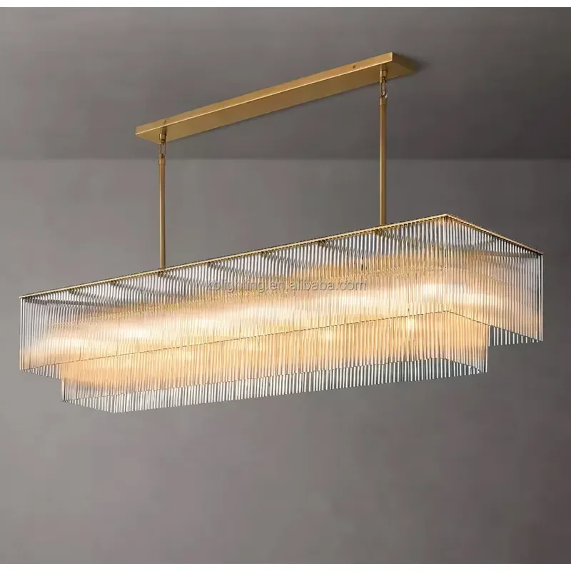 Hanging Two Layers Pendant Lighting Gold Crystal Glass Rectangular Chandelier for Hotel Villa Dining Room