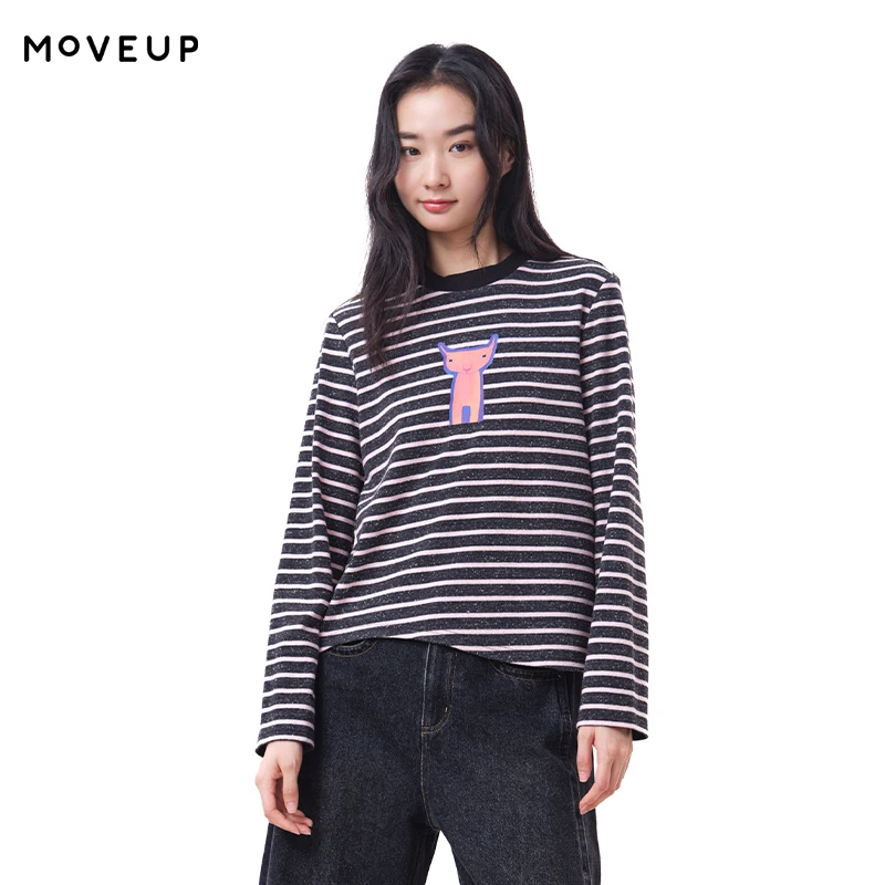 MOVEUP Women's long sleeve tops FUN Series Crew Neck Printed Stripe Commuter Cropped T‑Shirt 2026 Winter New clothing 3ELD10550
