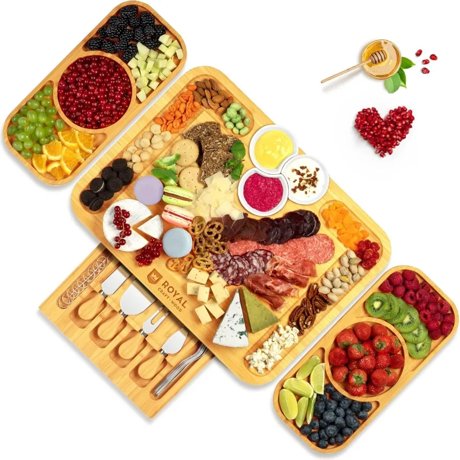 

Бамбуковая доска для сыра и набор ножей с доской для мясных изделий и сервировочным подносом с тарелками для закусок и боковыми подносами 17,5 x 13