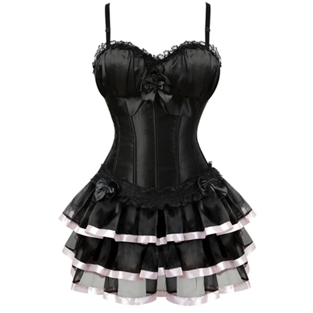 Women Sexy Strap Corset Dress Satin Lingerie Lace up Bowknot Decorated Overbust Bustiers Corsets With Tutu Skirt Set Plus Size