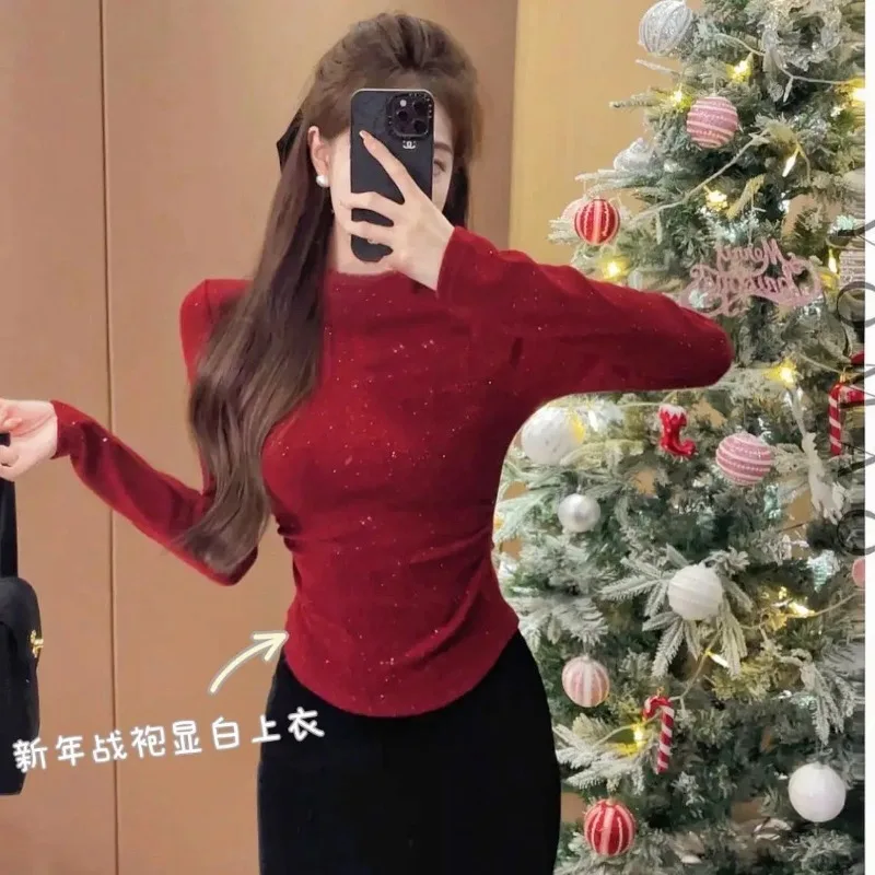 Sequined Semi-turtle Collar German Velvet Long-sleeved T-shirt for Women in Autumn Winter Slimming Pleated Short Hot Girl Top