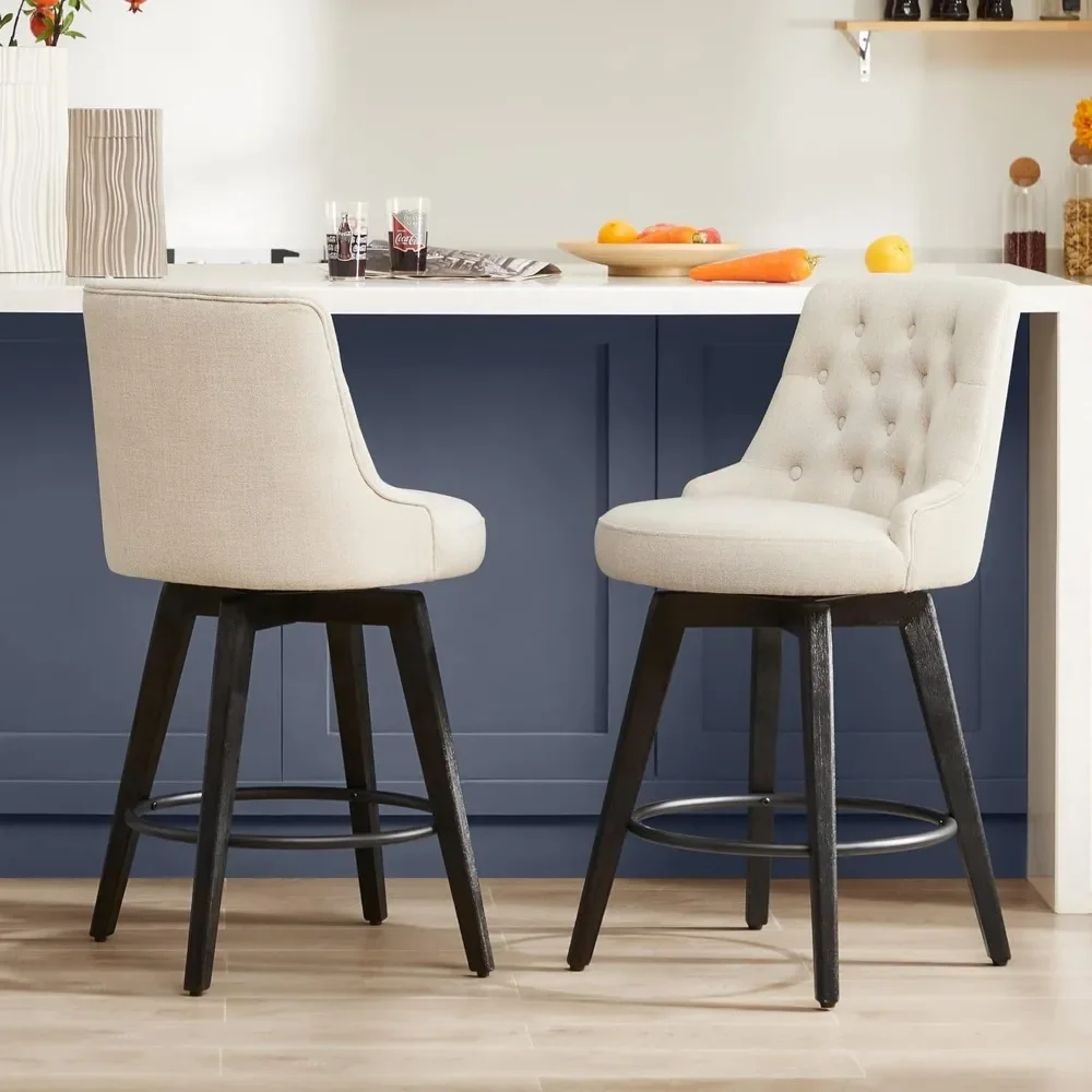 Modern Swivel Bar Stools, Performance Fabric Upholstered Counter Height Bar Stool with Back, Solid Wood Legs, 26" H Seat