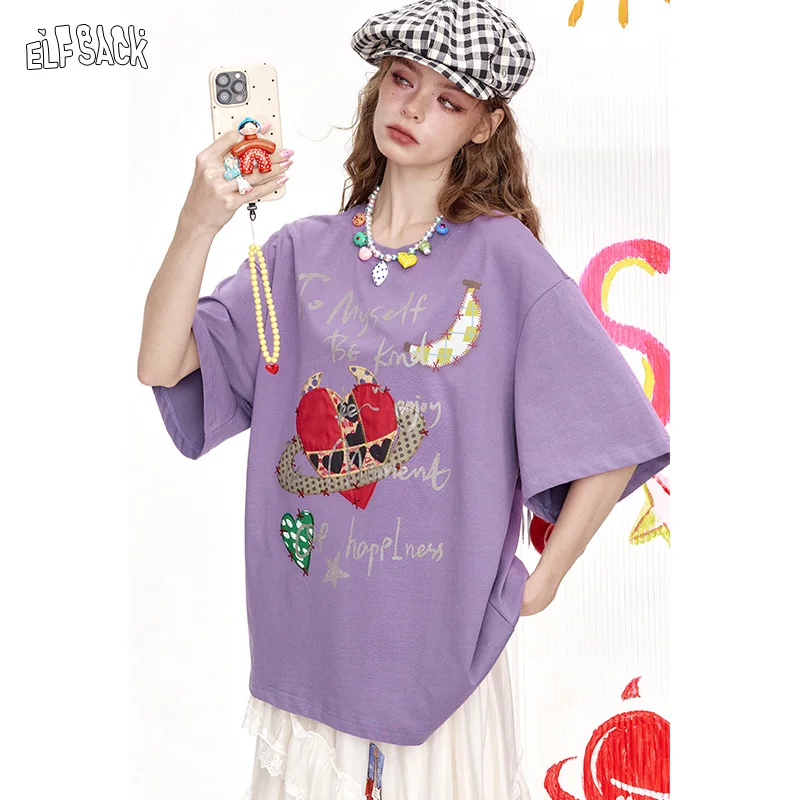 ELFSACK 2025 Summer New Arrivals Devil'S Corner Love Printed Loose Casual Short Sleeved T-Shirt For Women