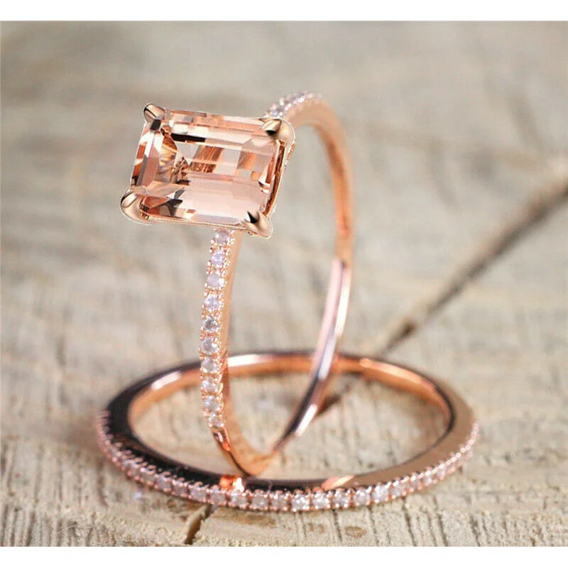 Fashion Rose Gold Plated Ring Set Slim Princess Morganite Wedding Jewelry Size 6-10