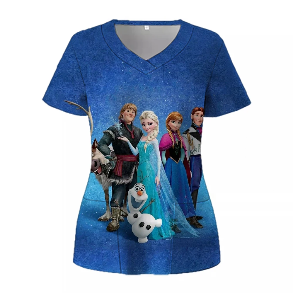 Women Working Uniform Disney Princess Print Frozen Elsa Short Sleeve V-neck Tops Femme Blouse Nurse work wear Medical Uniforms