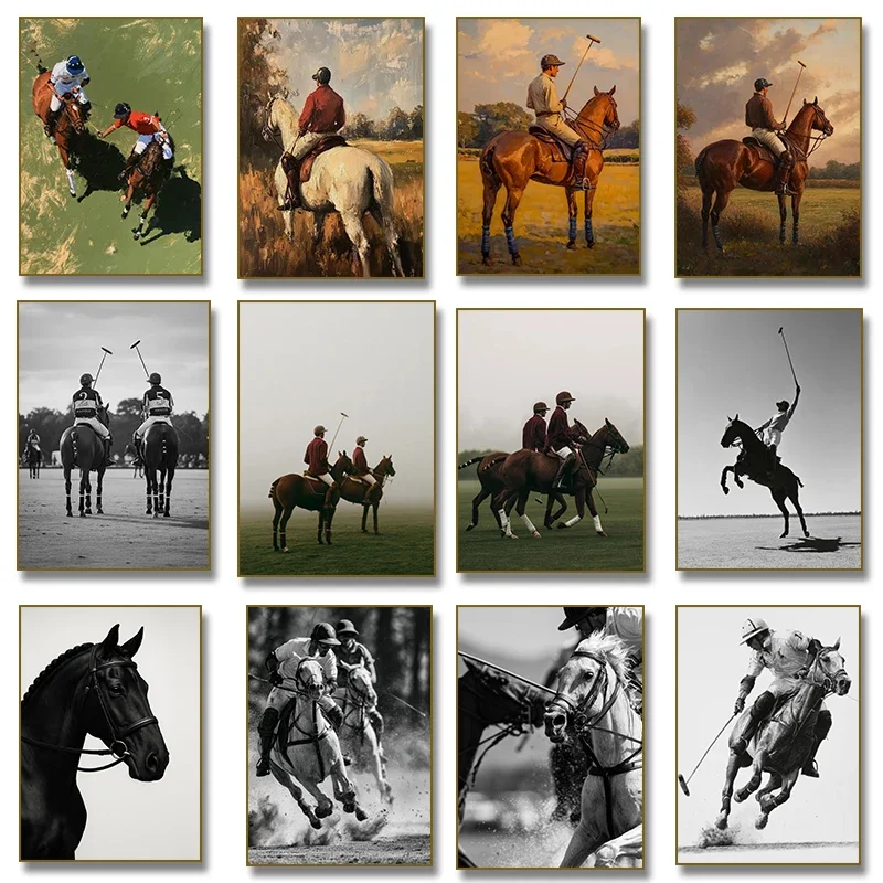 Multiple sizes 1pc frameless Canvas Painting,Black and White Equestrian Polo Photography Luxury Horse Painting Canvas Print Mode