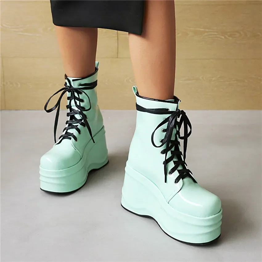 Winter Women Platform Ankle Boots Black Blue Patent Leather High Wedge Heel Lady Club Square Toe Lace-up Flat Bottom Gothic Boot