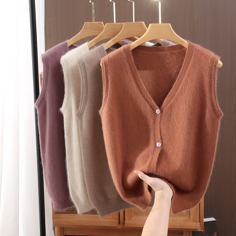 ผู้หญิงใหม่ 100% Mink Cashmereเสื้อกันหนาวVคอเสื้อกั๊กปุ่มเสื้อสเวตเตอร์ถักแขนกุดฤดูใบไม้ร่วงฤดูหนาวWarm Mink Cashmereเสื้อถักเสื้อ