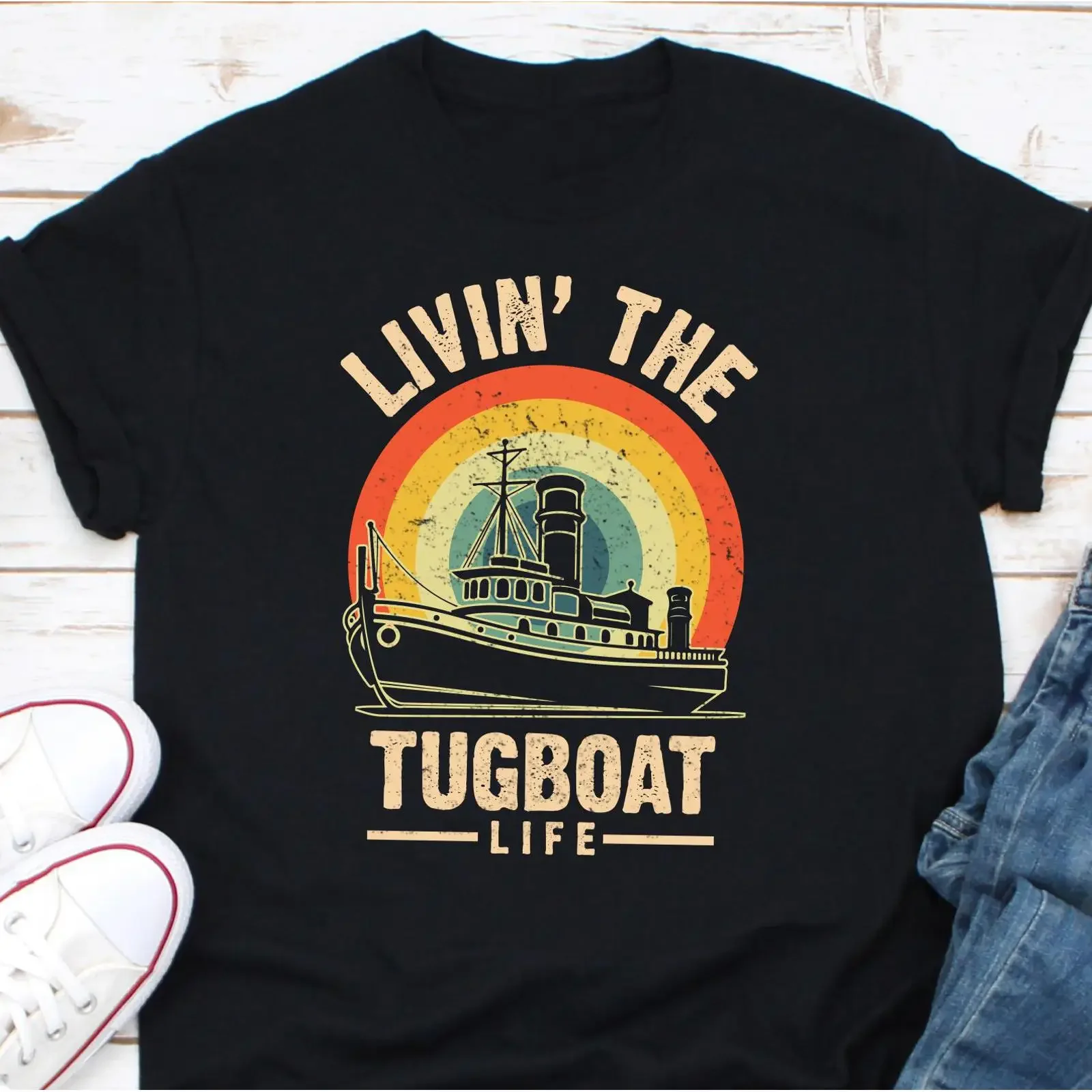 Livin' The Tugboat Life Vintage T Shirt Captain Sailor Funny Boat Lovers Casual  vintage Washed graphic Top For Everyday Wear