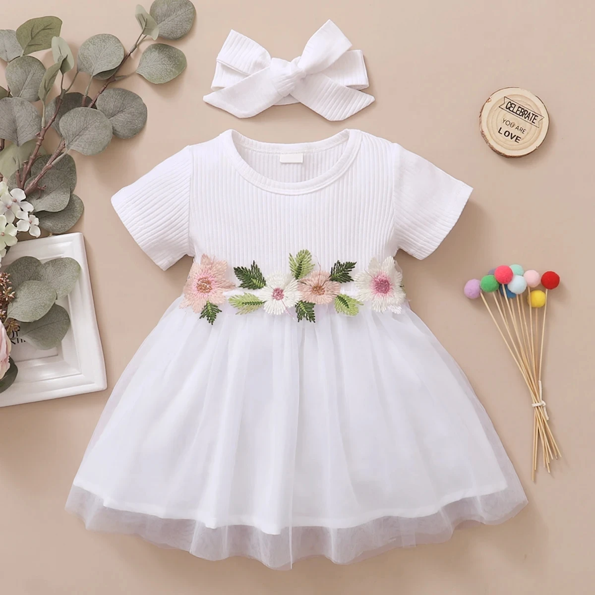 Baby Girl Dress Ribbed Embroidered Flower Short Sleeve Chiffon Dress+Headband 2Pcs/Set  for Baby Girls 0-3 Years Cute Baby Girl