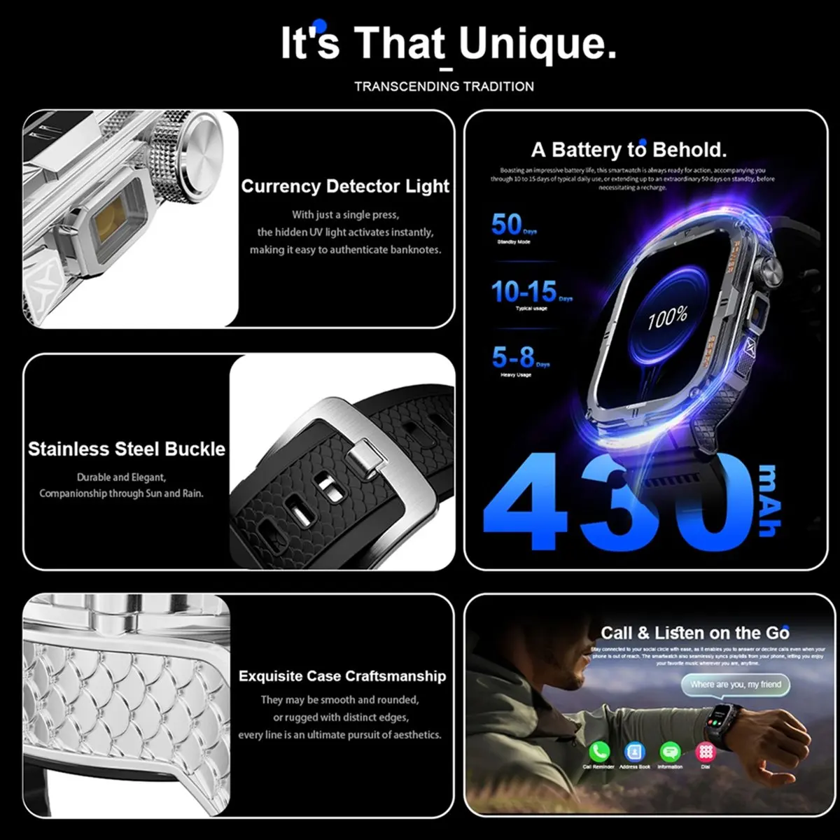 *X07A Men'S Smartwatch Bluetooth Call Tracker Sports Watch Digital Fitness Smartwatch LED Flashlight Silver Steel Strap Watch
