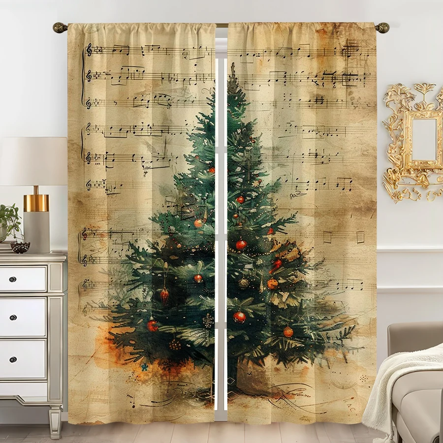 2PCS Digital Print Curtain, Vintage Sheet Music with Christmas Tree and Ornaments, Aged Paper, Retro, for Home Window Decoration