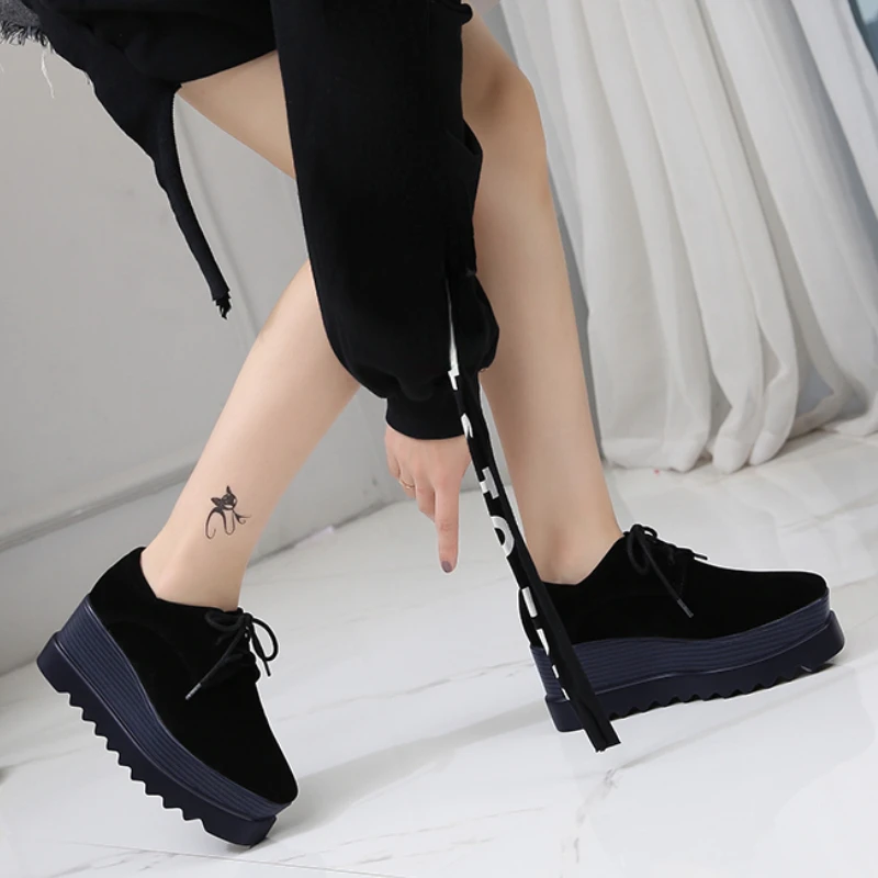 Fujin 7.5cm Cow Suede Genuine Leather Platform Wedge Autumn Winter Spring Ins Hot Sell Chunky Sneakers Plush Women Comfy Shoes