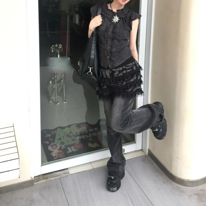 Deeptown Blus Ruffle Jepang 2000S Kemeja Tanpa Lengan Y2k Gotik Hitam Wanita Harajuku Gyaru Lengan Terbang Musim Panas