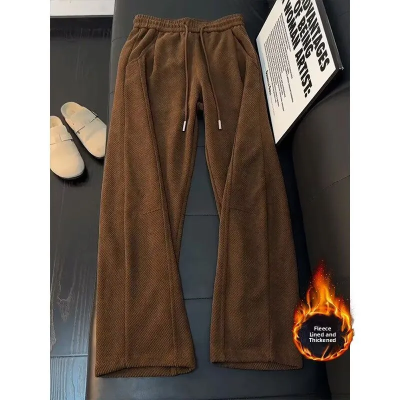 Casual Fleece Lined Straight Leg Men's Pants Autumn Winter Loose Fit Sporty Trousers Polyester Fiber Natural Waist American C...