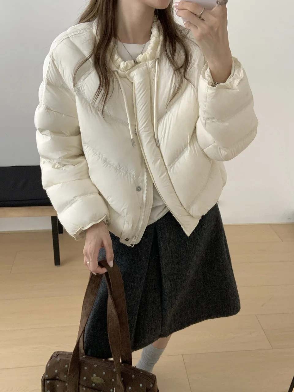 Winter Puff Lace Round Neck Quilted Down Jacket Female Warm Thick Cold Proof Jacket Women White Duck Down Parker Zipper Outwears