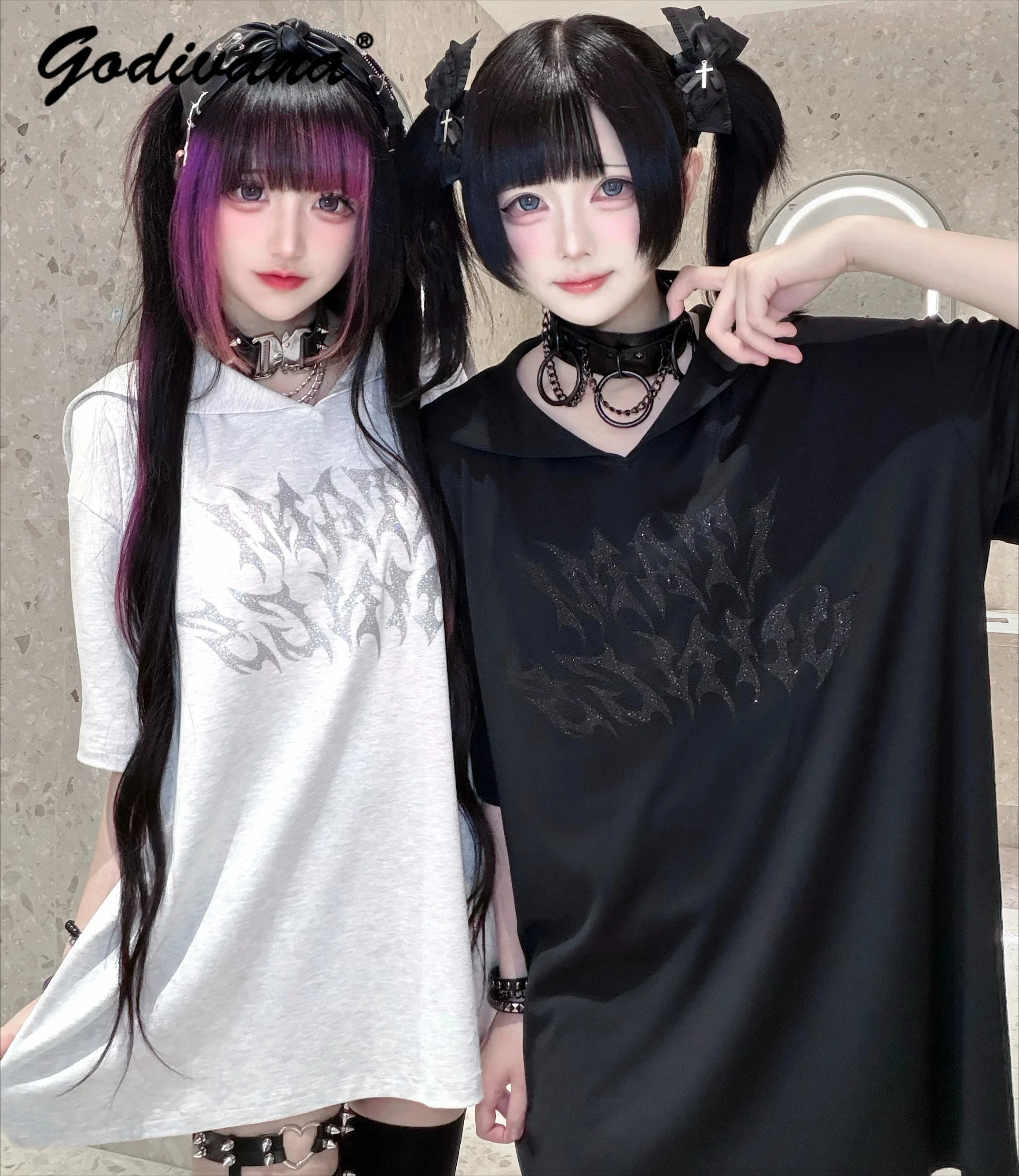 Original Devil Angel Sailor Collar Shiny Letters Oversized Short-sleeve T-shirt Subculture Women's Soft Cotton Tee Casual Tops