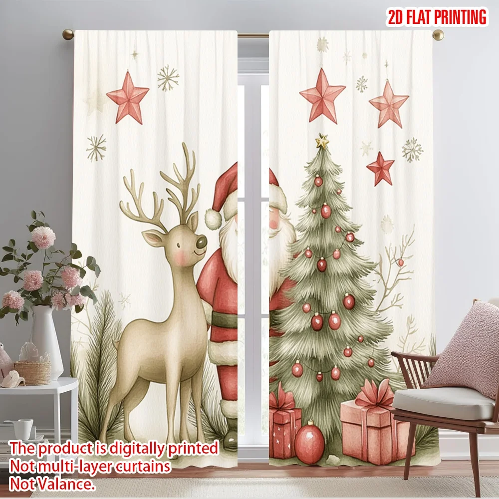 2pcs,2D plane printing Curtains Digital Printed Cute Christmas Santa Reindeer Tree (3) Durable 100% Polyester Fabric (without